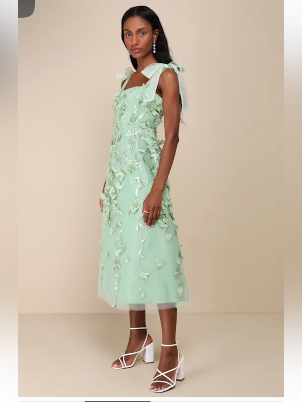 NWT Lulus Effortlessly Sweet Sage Tulle 3D Floral Tie-Strap Midi Dress - Picture 2 of 4